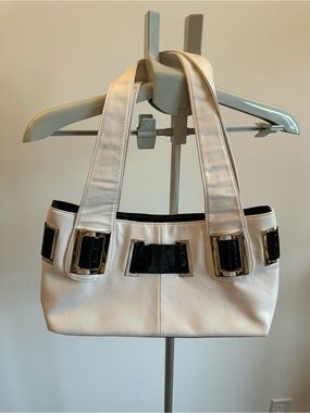 White Leather-Style Shoulder Bag with Black Accent Details